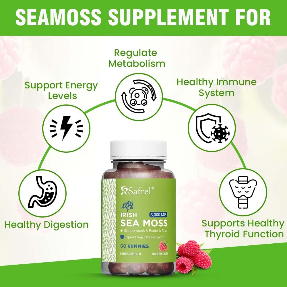 Safrel Irish Sea Moss Gummies 3000mg with Bladderwrack and Burdock Root, Thyroid Energy and Immune Support, Vegan Raspberry Flavor, 60 Gummies - TrustMedUSA