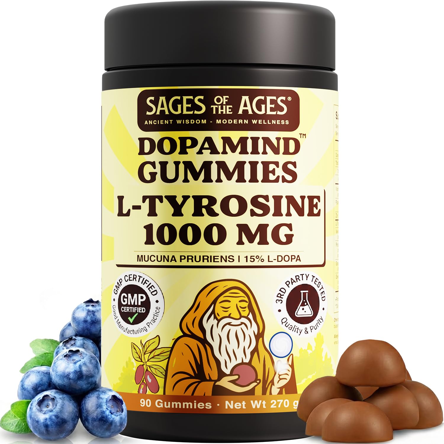 Sages Of The Ages L-Tyrosine Gummies 1000mg – Amino Acid Supplement with Mucuna Pruriens, B Vitamins & Rhodiola – Blueberry Flavor – 90 Gummies - TrustMedUSA