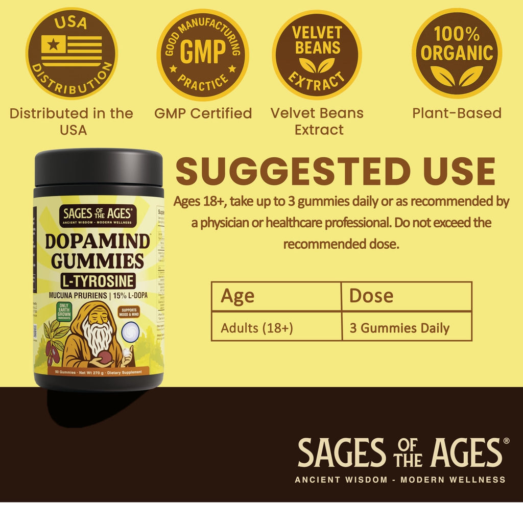 Sages Of The Ages L-Tyrosine Gummies 1000mg – Amino Acid Supplement with Mucuna Pruriens, B Vitamins & Rhodiola – Blueberry Flavor – 90 Gummies - TrustMedUSA