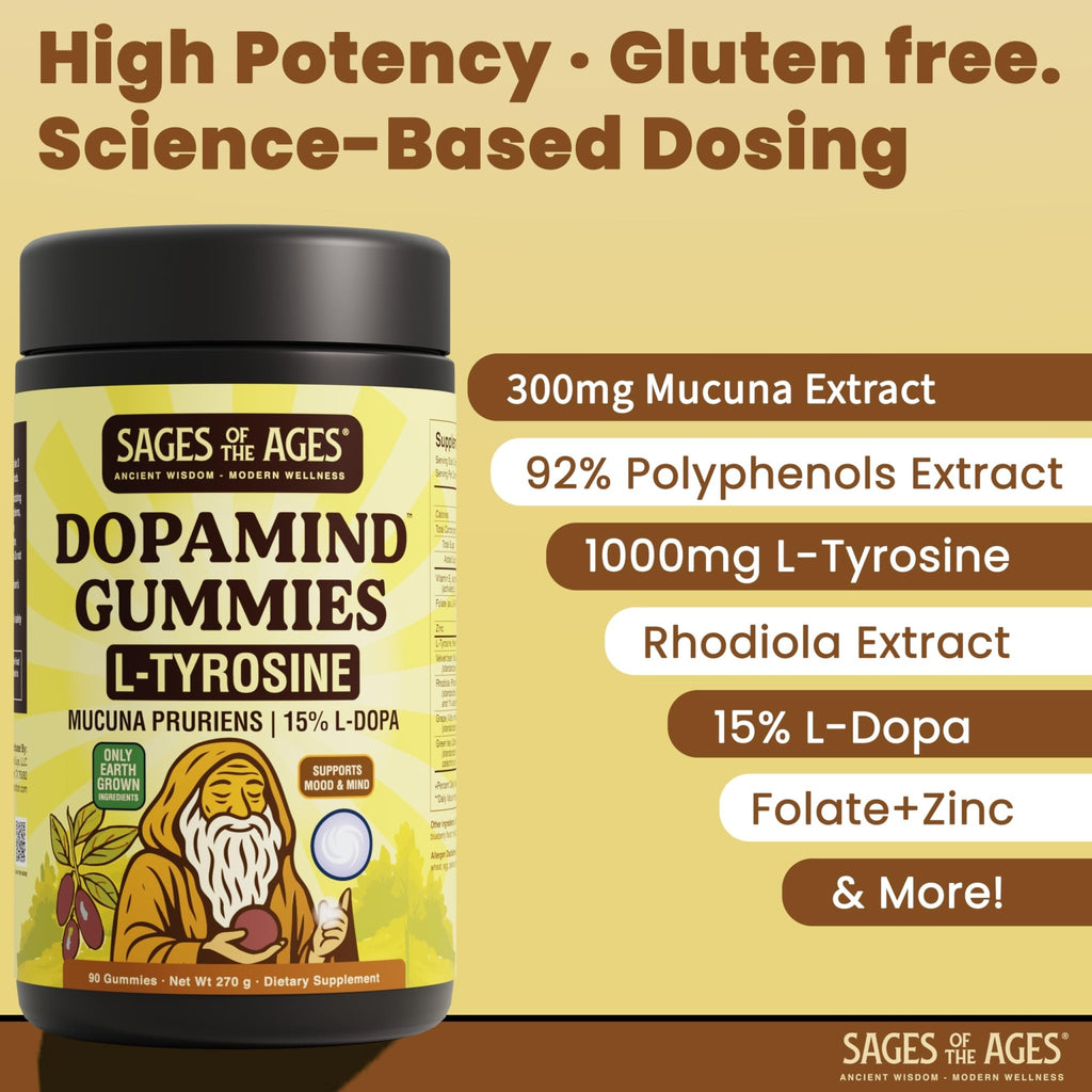 Sages Of The Ages L-Tyrosine Gummies 1000mg – Amino Acid Supplement with Mucuna Pruriens, B Vitamins & Rhodiola – Blueberry Flavor – 90 Gummies - TrustMedUSA