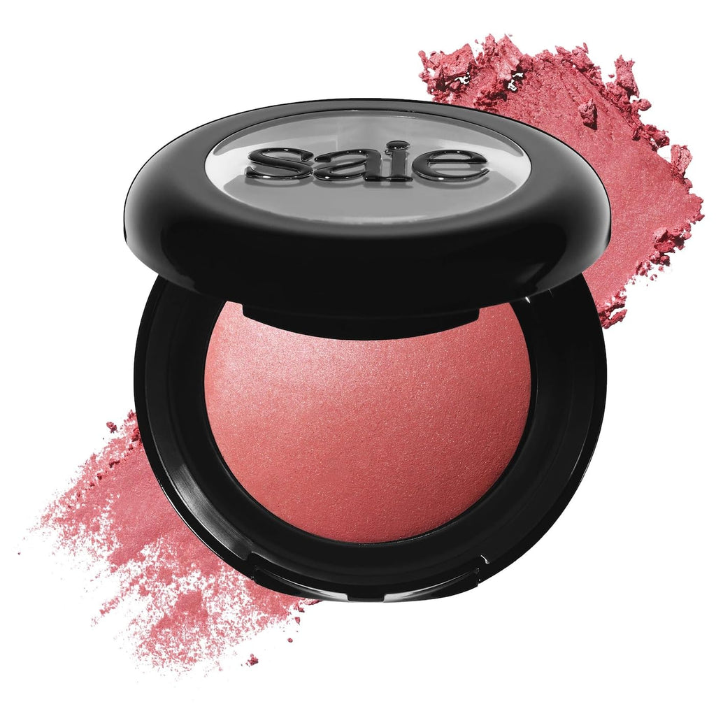 Saie Blush & Brush Duo - SuperSuede Baked Blush in Mia (.01 oz) & Powder Blush Brush - Talc-Free, Moisturizing Blush with Vegan, Fluffy Brush for Seamless Application - TrustMedUSA