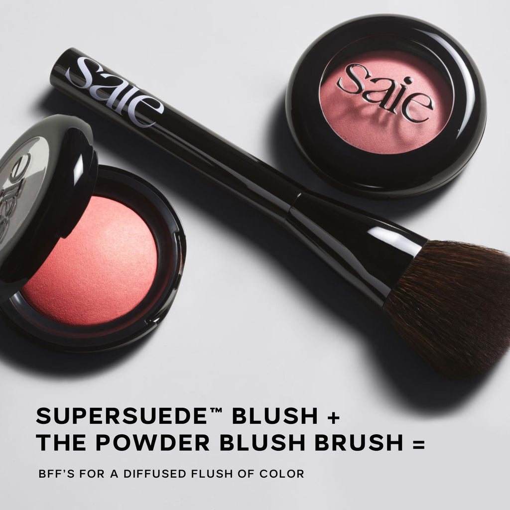 Saie Blush & Brush Duo - SuperSuede Baked Blush in Mia (.01 oz) & Powder Blush Brush - Talc-Free, Moisturizing Blush with Vegan, Fluffy Brush for Seamless Application - TrustMedUSA