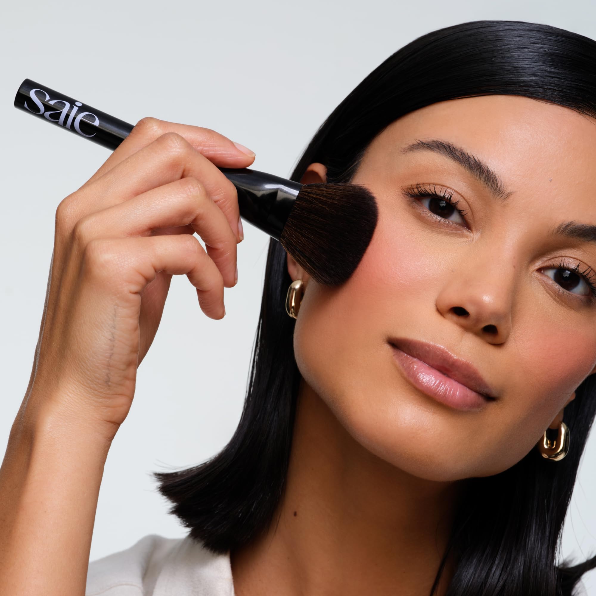 Saie Blush & Brush Duo - SuperSuede Baked Blush in Stella (.01 oz) & Powder Blush Brush - Talc-Free, Moisturizing Blush with Vegan, Fluffy Brush for Seamless Application - TrustMedUSA