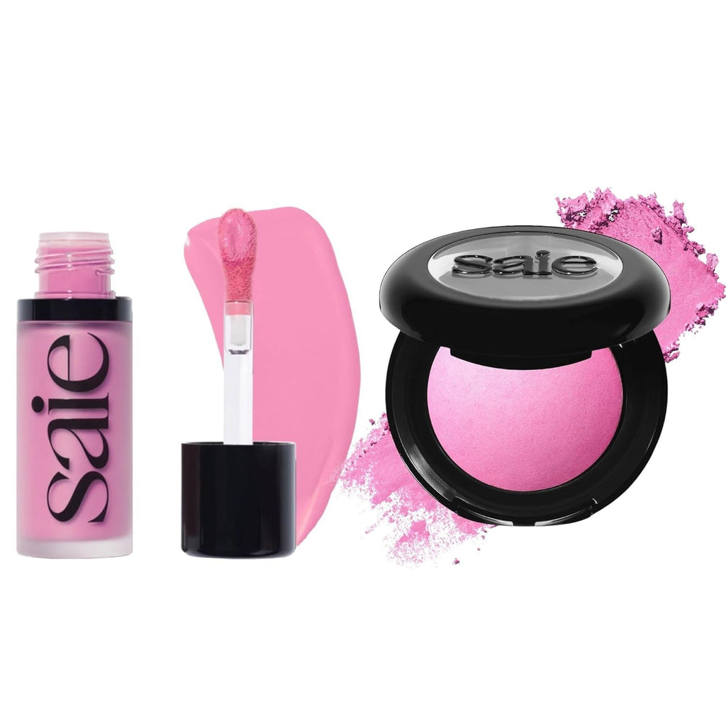 Saie Cheek Flush Duo - Dew Liquid Blush (.40 oz, Baby), SuperSuede Baked Powder Blush (.01 oz, Bella) - Layerable, Skin-Nourishing Blushes for a Seamless Radiant Finish - TrustMedUSA