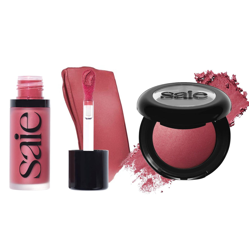 Saie Cheek Flush Duo - Dew Liquid Blush (.40 oz, Dreamy), SuperSuede Baked Powder Blush (.01 oz, Grazie) - Layerable, Skin-Nourishing Blushes for a Seamless Radiant Finish - TrustMedUSA