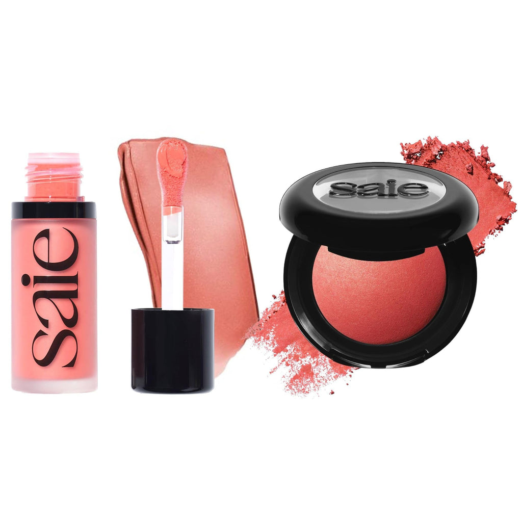 Saie Cheek Flush Duo - Dew Liquid Blush (.40 oz, Poppy), SuperSuede Baked Powder Blush (.01 oz, Stella) - Layerable, Skin-Nourishing Blushes for a Seamless Radiant Finish - TrustMedUSA