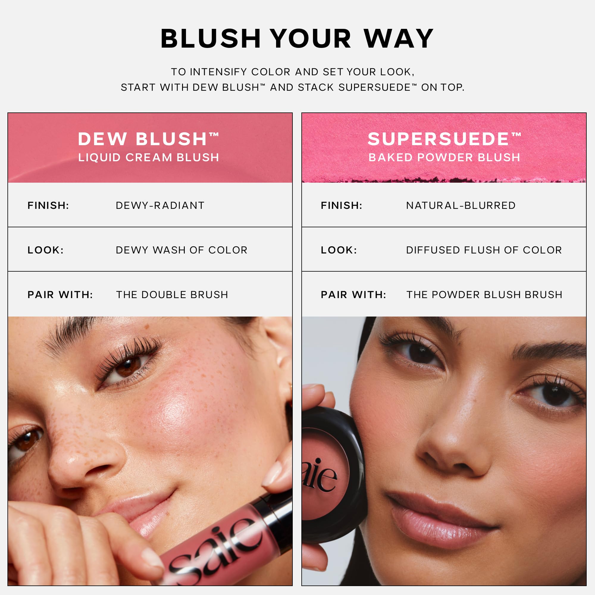 Saie Cheek Flush Duo - Dew Liquid Blush (.40 oz, Rosy), SuperSuede Baked Powder Blush (.01 oz, Mia) - Layerable, Skin-Nourishing Blushes for a Seamless Radiant Finish - TrustMedUSA