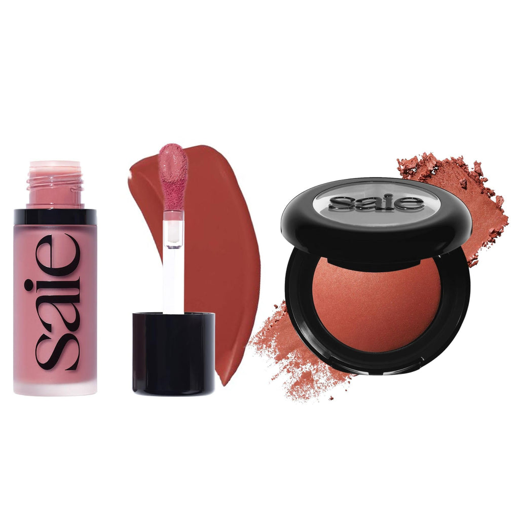 Saie Cheek Flush Duo - Dew Liquid Blush (.40 oz, Spicy), SuperSuede Baked Powder Blush (.01 oz, Ciao) - Layerable, Skin-Nourishing Blushes for a Seamless Radiant Finish - TrustMedUSA