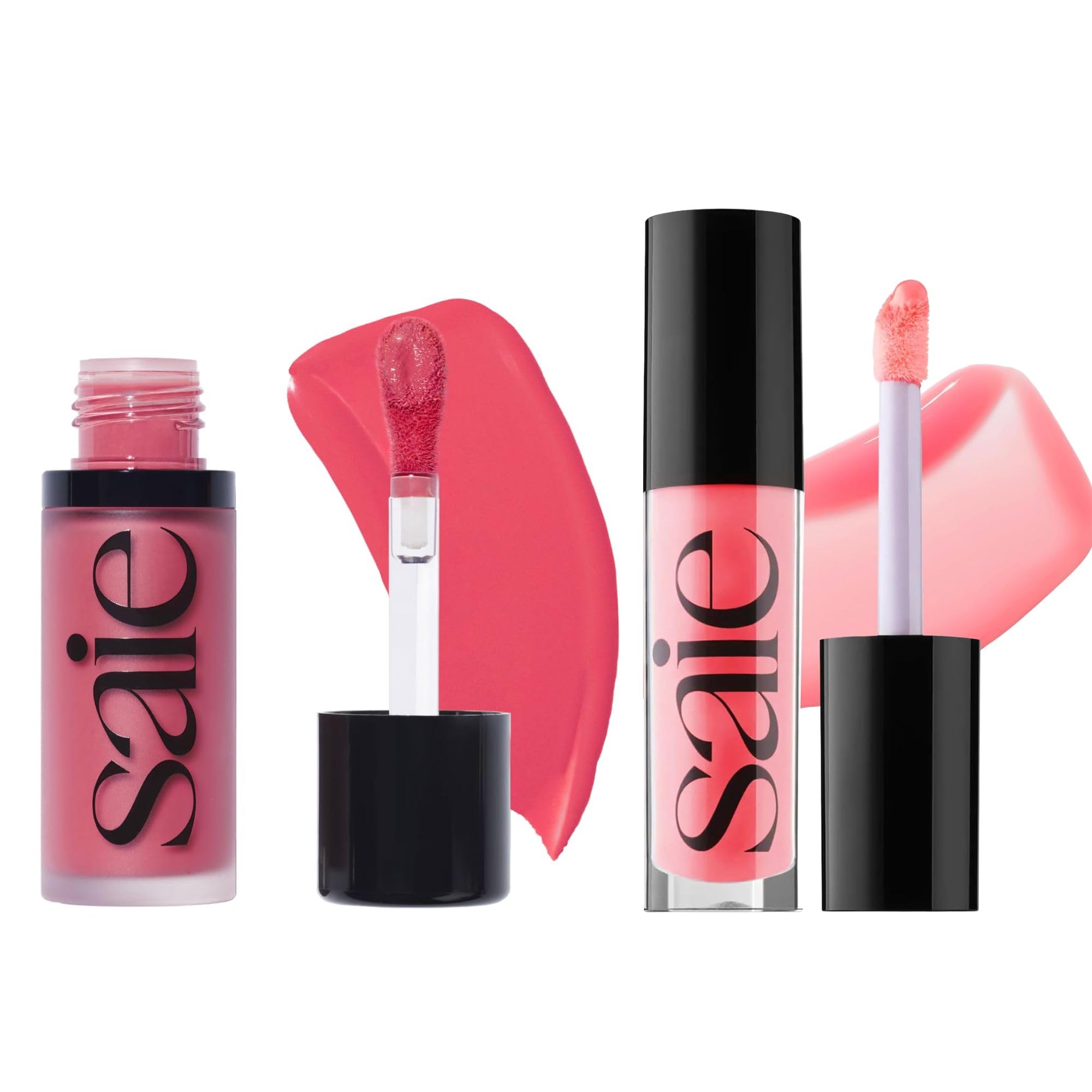 Saie Dewy Glow Duo - Dew Liquid Blush - (.40 oz, Flirty), Glossybounce Lip Gloss-Oil Hybrid (.17 oz, Burst) - Hydrating, Vegan Makeup for Radiant Cheeks & Lips - TrustMedUSA