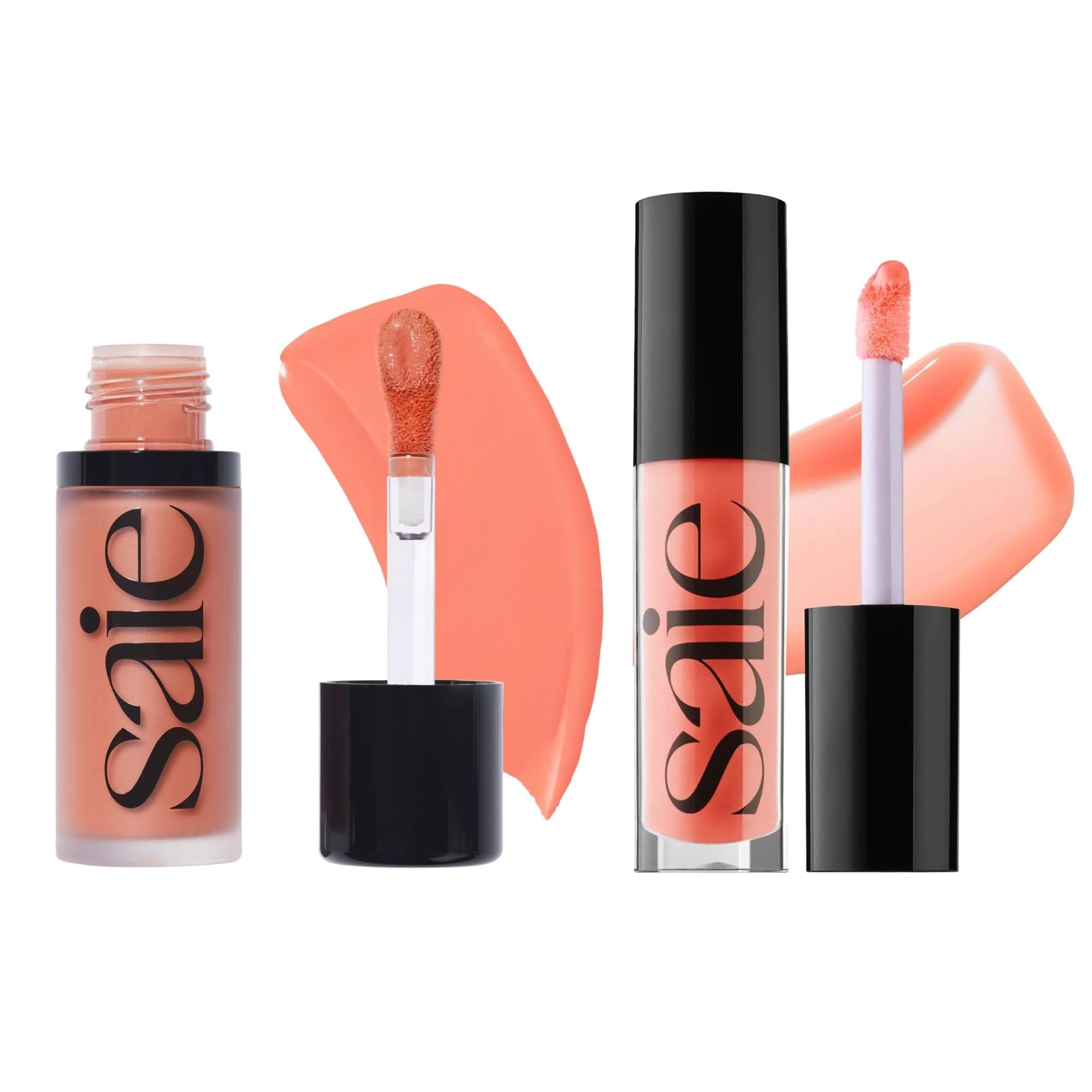 Saie Dewy Glow Duo - Dew Liquid Blush - (.40 oz, Hottie), Glossybounce Lip Gloss-Oil Hybrid (.17 oz, Splash) - Hydrating, Vegan Makeup for Radiant Cheeks & Lips - TrustMedUSA