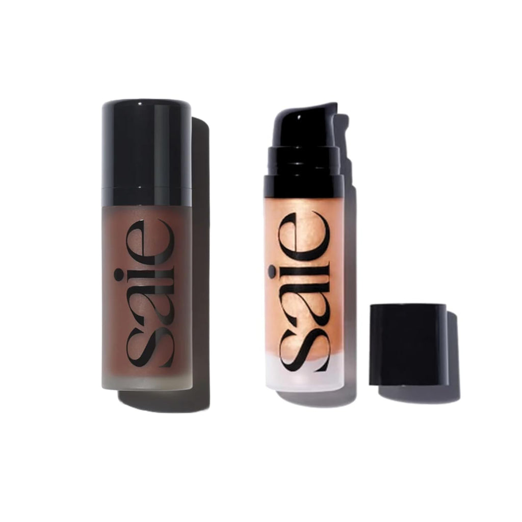 Saie Radiant Glow Duo - Dew Bronze Soft-Focus Liquid Bronzer in Sail (0.4 oz) & Mini Glowy Super Gel Lightweight Illuminator in Sunglow (0.5 oz), Hydrating Makeup Essentials for a Sun-Kissed Glow - TrustMedUSA