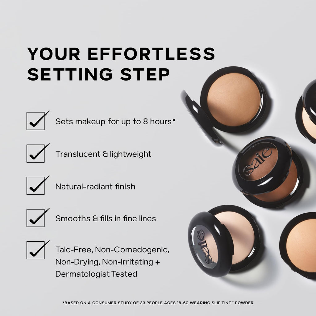 Saie Slip Tint Baked Setting Powder - Translucent Powder for Face Makeup with a Natural-Radiant Finish - Blurs, Brightens & Smooths Complexion - Translucent 2 - Light to Medium (0.24 oz) - TrustMedUSA
