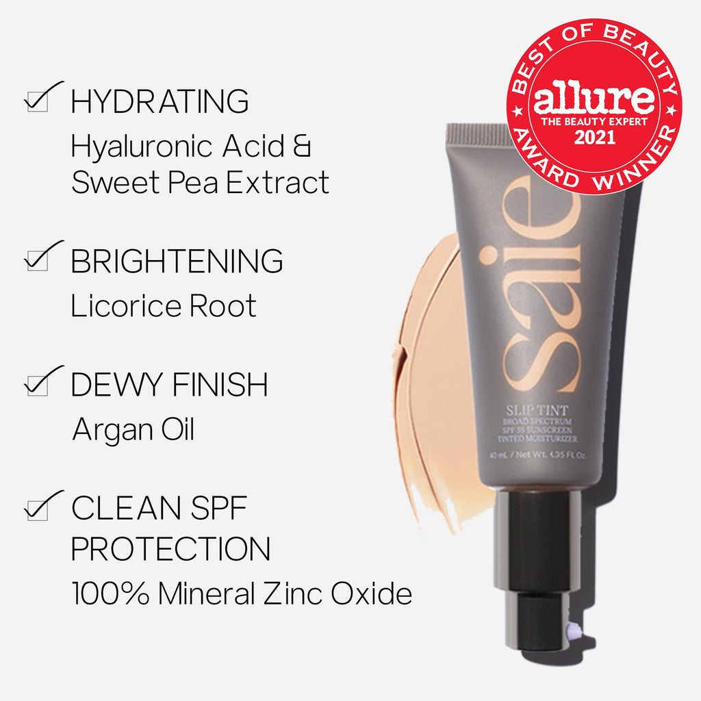 Saie Slip Tint Tinted Moisturizer with SPF 35 - Light Coverage, Glowy Skin Tint & Mineral Sunscreen for Face with Hydrating Hyaluronic Acid - Summer Makeup Essential - Shade Three (1.35 oz) - TrustMedUSA