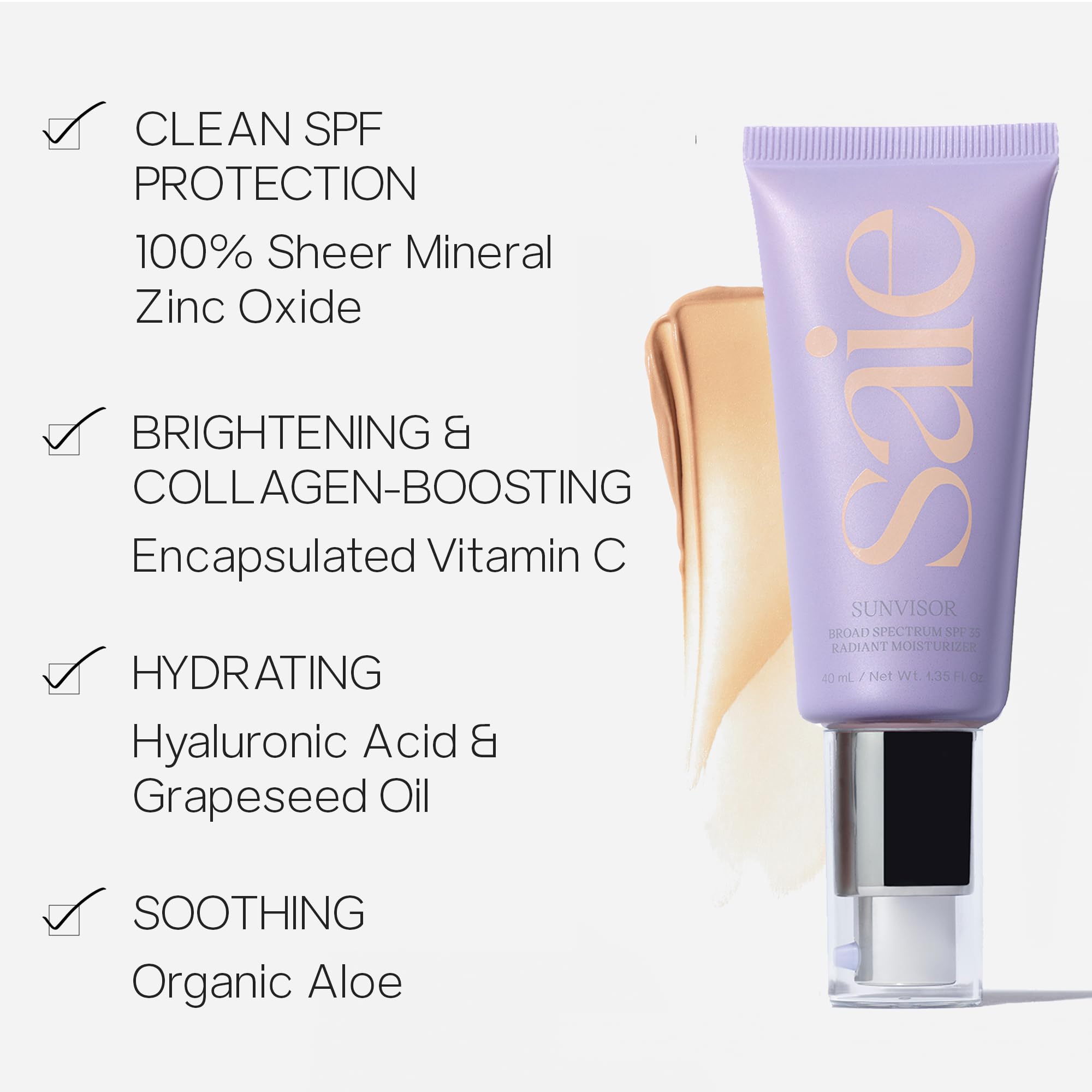 Saie Sunvisor Broad Spectrum Sunscreen Moisturizer SPF 35 - Hydrating Daily Face Sunscreen with 100% Sheer Mineral Zinc Oxide, Hyaluronic Acid + Vitamin C for Radiant, Dewy Skin (1.35 fl oz) - TrustMedUSA