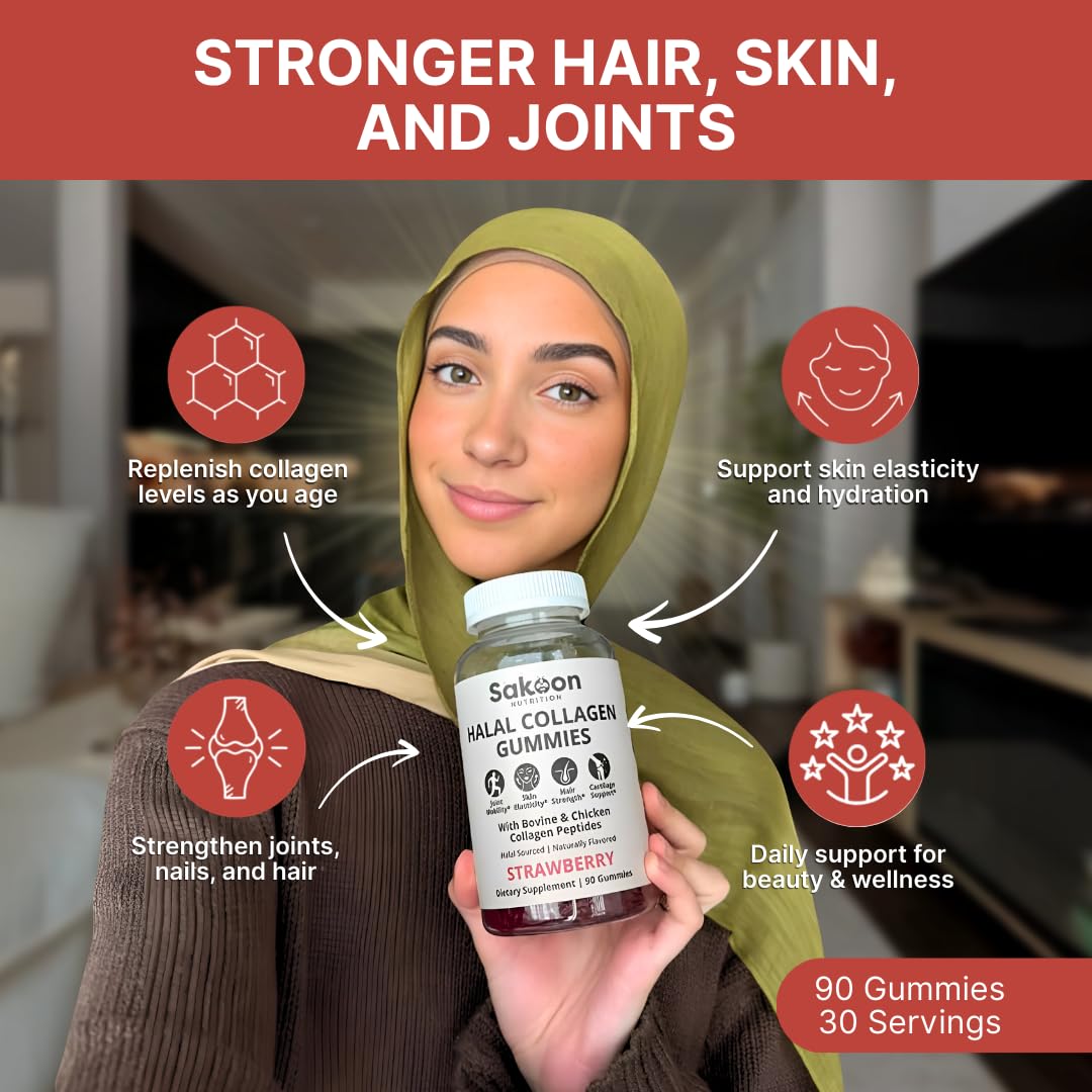 Sakoon nutrition Halal Certified Collagen Peptides Gummies | (Type I, II & III) Collagen Gummies for Women & Men | 90 Naturally Flavoured Strawberry Gummy to Support Hair, Skin, Joints & Nails | USA - Maple Wellness Supplements
