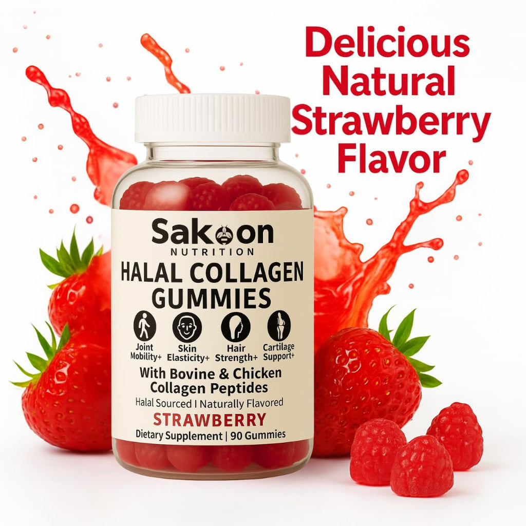 Sakoon nutrition Halal Certified Collagen Peptides Gummies | (Type I, II & III) Collagen Gummies for Women & Men | 90 Naturally Flavoured Strawberry Gummy to Support Hair, Skin, Joints & Nails | USA - Maple Wellness Supplements