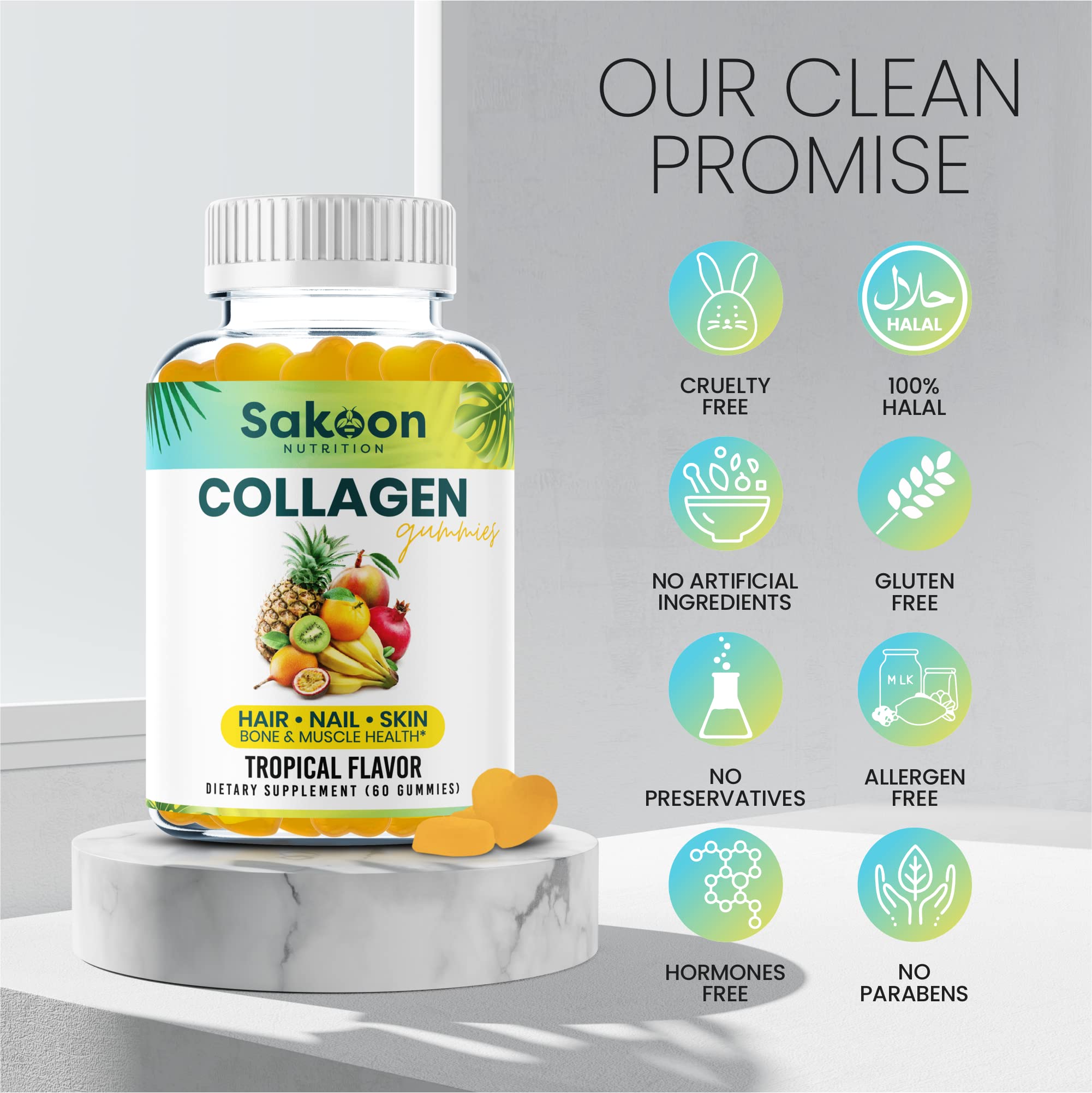Sakoon nutrition Halal Collagen Gummies for Women and Men - Anti Aging, Hair Growth, Skin Care & Strong Nails Protein Collagen Supplements - Non-GMO, Gluten Free - Made in USA - Maple Wellness Supplements