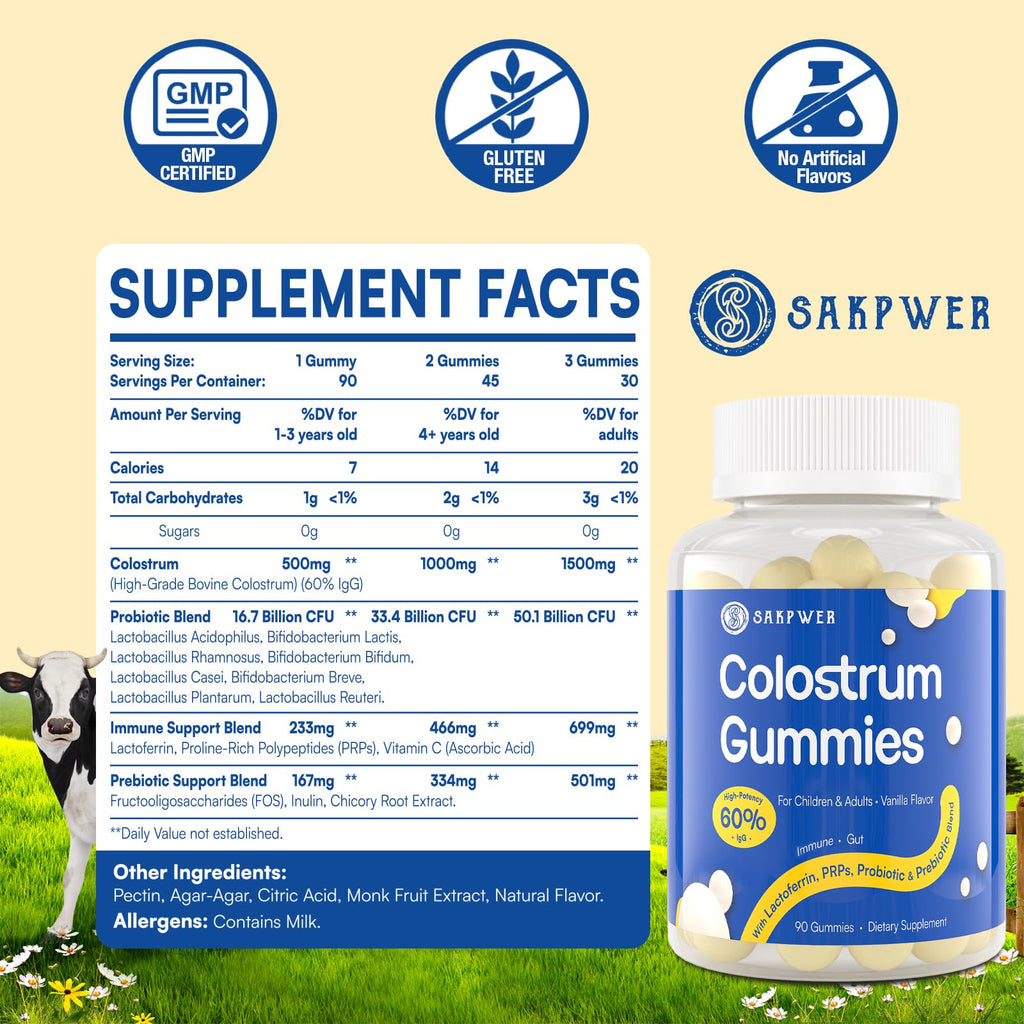 Sakpwer Bovine Colostrum Supplement Gummies - with 60% Highest IgG, Lactoferrin, Probiotics and Prebiotics for Adults and Kids, Vanilla Flavor & Sugar Free, 90 Gummies - TrustMedUSA
