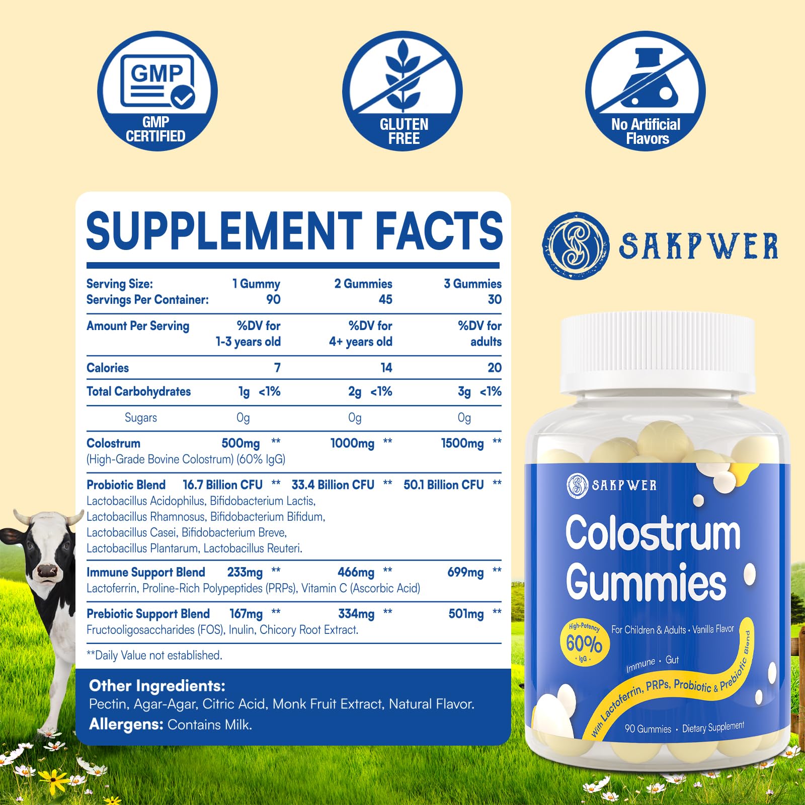 Sakpwer Bovine Colostrum Supplement Gummies - with 60% Highest IgG, Lactoferrin, Probiotics and Prebiotics for Adults and Kids, Vanilla Flavor & Sugar Free, 90 Gummies - TrustMedUSA