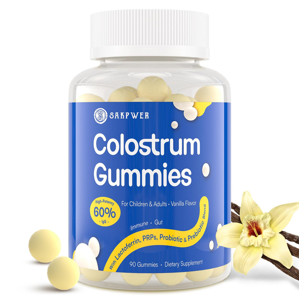 Sakpwer Bovine Colostrum Supplement Gummies - with 60% Highest IgG, Lactoferrin, Probiotics and Prebiotics for Adults and Kids, Vanilla Flavor & Sugar Free, 90 Gummies - TrustMedUSA