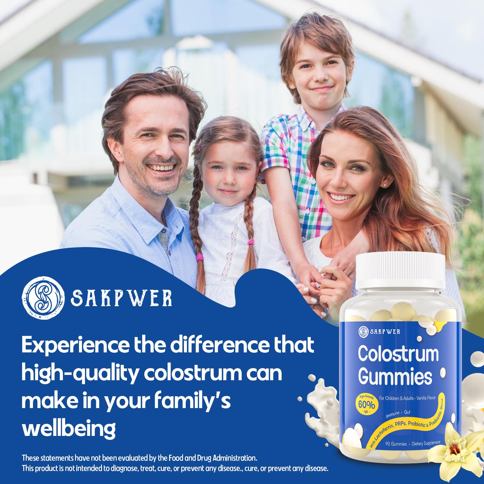 Sakpwer Bovine Colostrum Supplement Gummies - with 60% Highest IgG, Lactoferrin, Probiotics and Prebiotics for Adults and Kids, Vanilla Flavor & Sugar Free, 90 Gummies - TrustMedUSA