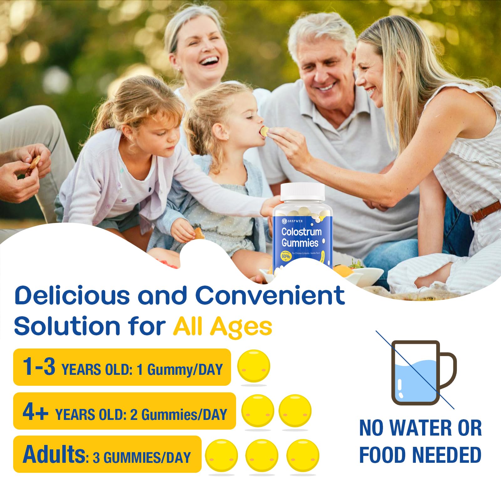 Sakpwer Bovine Colostrum Supplement Gummies - with 60% Highest IgG, Lactoferrin, Probiotics and Prebiotics for Adults and Kids, Vanilla Flavor & Sugar Free, 90 Gummies - TrustMedUSA