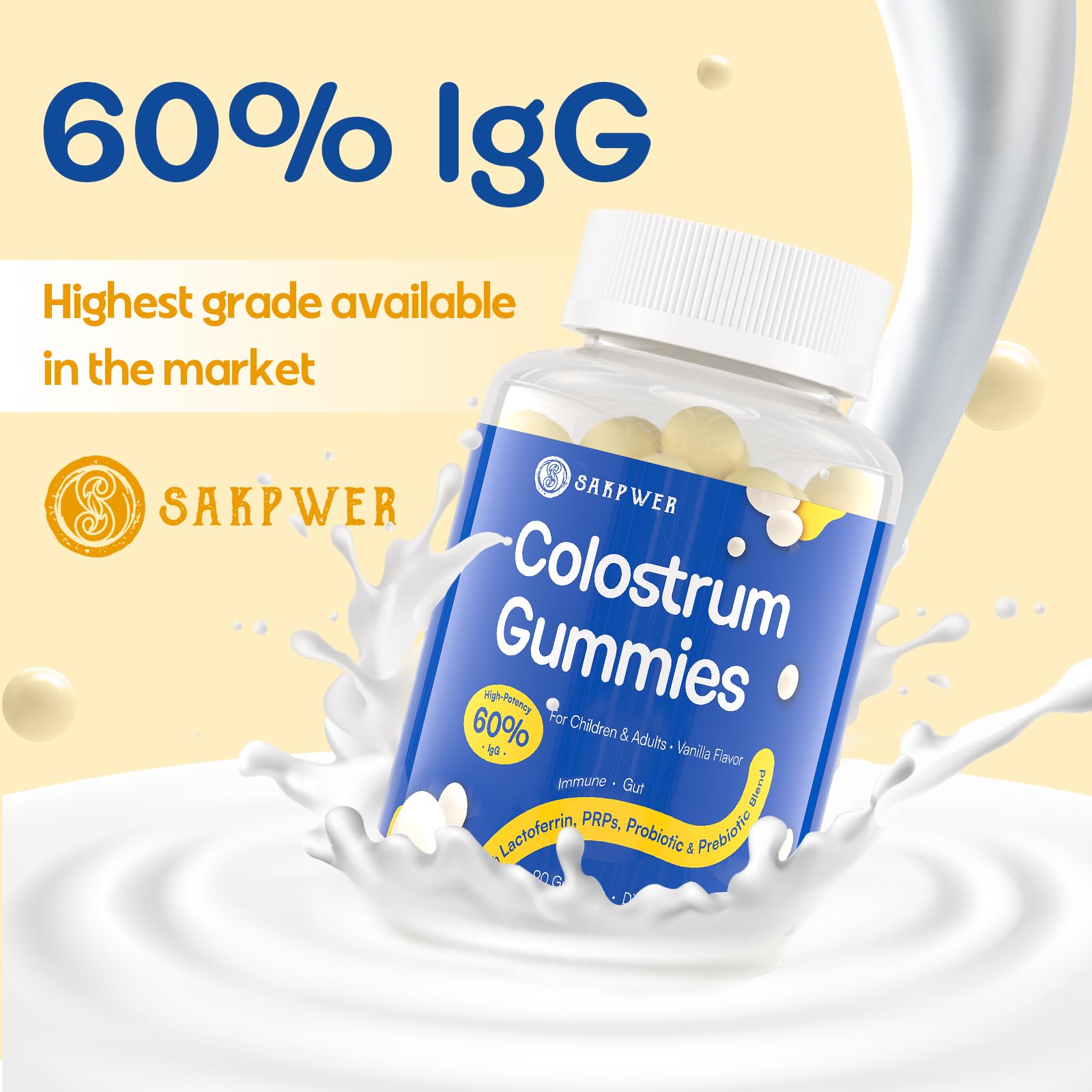 Sakpwer Bovine Colostrum Supplement Gummies - with 60% Highest IgG, Lactoferrin, Probiotics and Prebiotics for Adults and Kids, Vanilla Flavor & Sugar Free, 90 Gummies - TrustMedUSA
