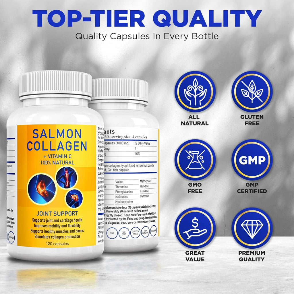 Salcoll Premium Marine Collagen Capsules, 120 Count, Fish Collagen Supplement for Joint Support, Skin, Hair & Nails - Maple Wellness Supplements