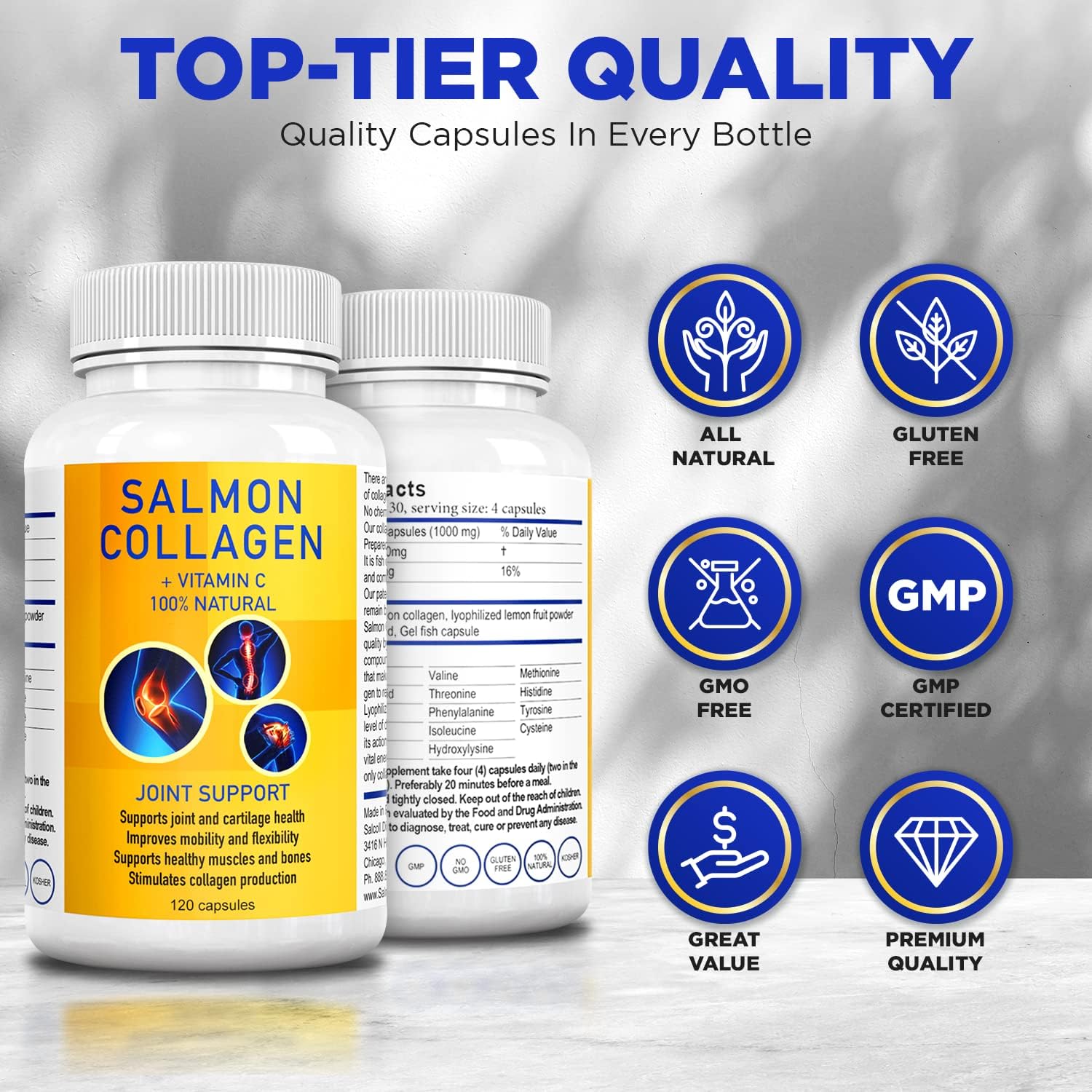 Salcoll Premium Marine Collagen Capsules, 120 Count, Fish Collagen Supplement for Joint Support, Skin, Hair & Nails - Maple Wellness Supplements