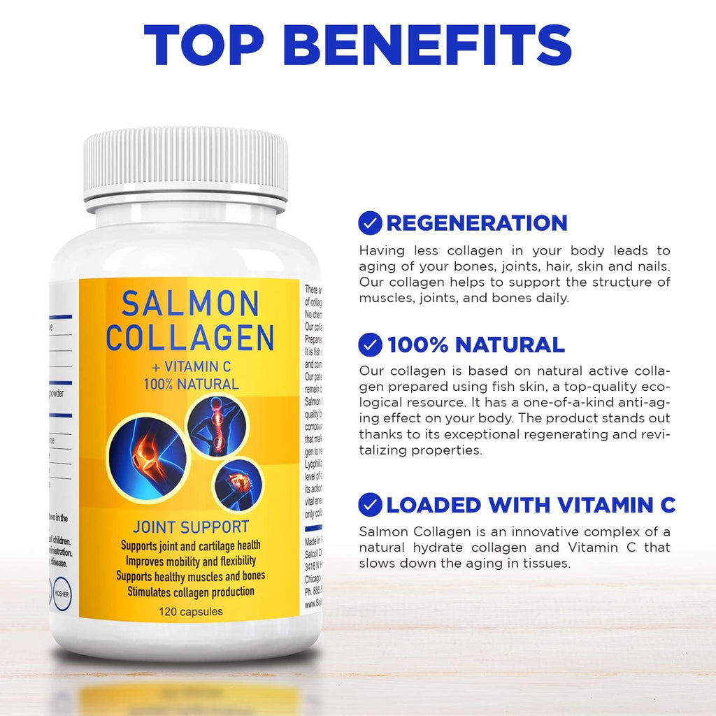 Salcoll Premium Marine Collagen Capsules, 120 Count, Fish Collagen Supplement for Joint Support, Skin, Hair & Nails - Maple Wellness Supplements