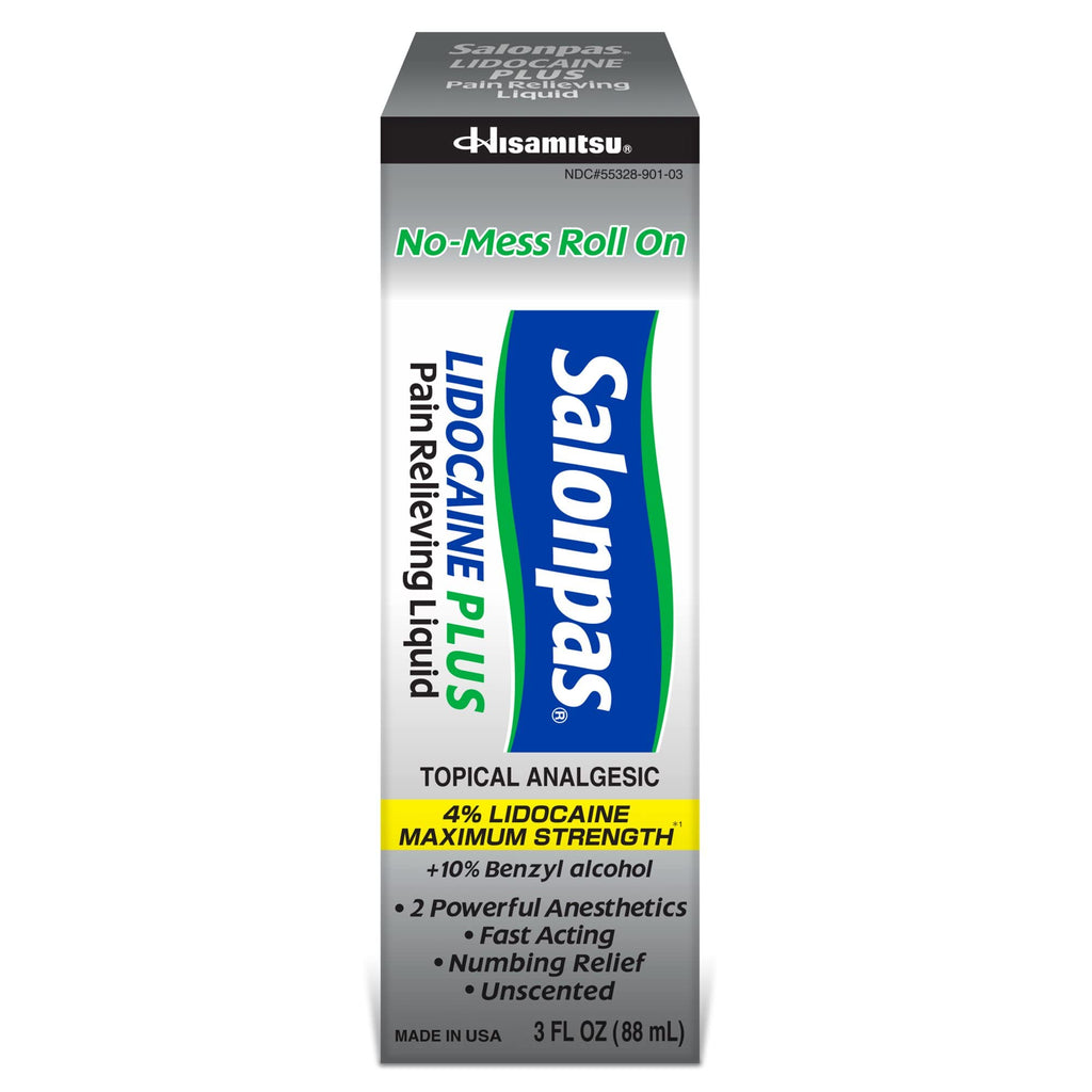 Salonpas LIDOCAINE Plus 3 oz ROLL ON Pain Relieving Liquid! Maximum Strength 4% Lidocaine for Numbing Pain Relief! Mess Free Application! (3 Pack) - TrustMedUSA