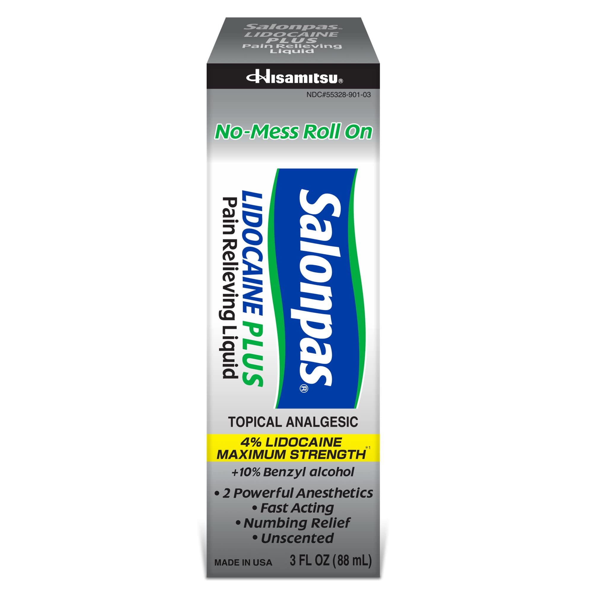 Salonpas LIDOCAINE Plus 3 oz ROLL ON Pain Relieving Liquid! Maximum Strength 4% Lidocaine for Numbing Pain Relief! Mess Free Application! (3 Pack) - TrustMedUSA