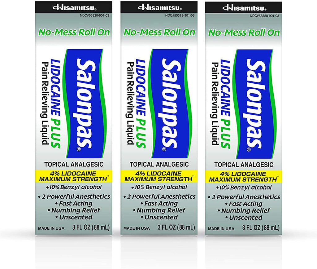Salonpas LIDOCAINE Plus 3 oz ROLL ON Pain Relieving Liquid! Maximum Strength 4% Lidocaine for Numbing Pain Relief! Mess Free Application! (3 Pack) - TrustMedUSA