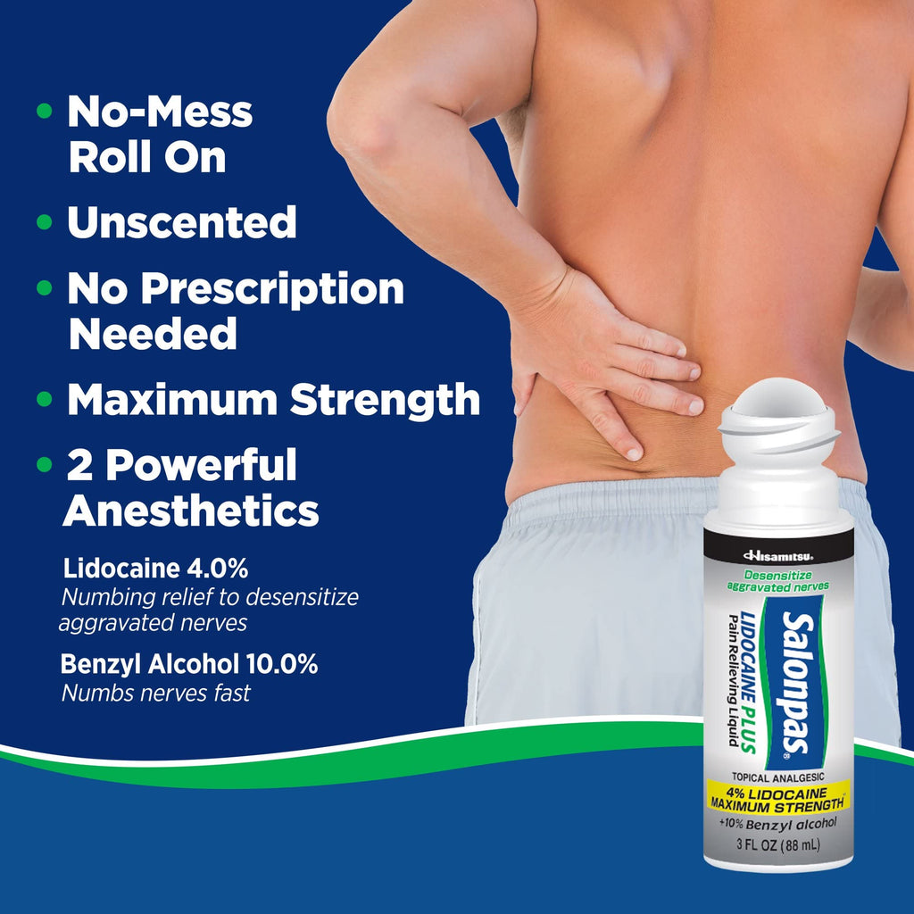 Salonpas LIDOCAINE Plus 3 oz ROLL ON Pain Relieving Liquid! Maximum Strength 4% Lidocaine for Numbing Pain Relief! Mess Free Application! (3 Pack) - TrustMedUSA