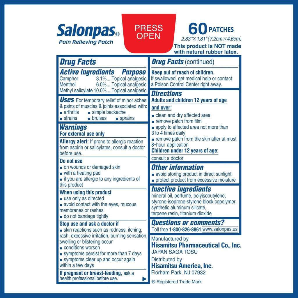 Salonpas Pain Relieving Patch for Back, Neck, Shoulder, Knee Pain and Muscle Soreness - 8 Hour Pain Relief - 60 Count - Maple Wellness Supplements