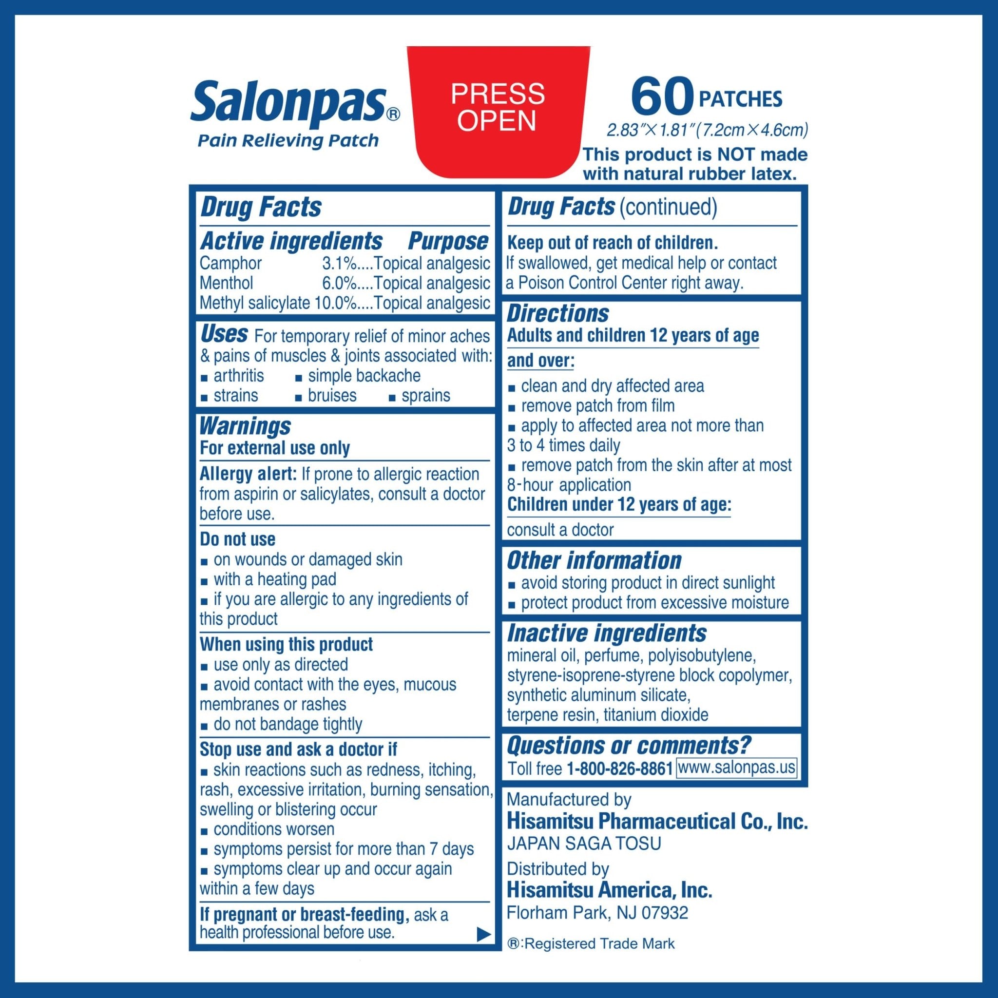 Salonpas Pain Relieving Patch for Back, Neck, Shoulder, Knee Pain and Muscle Soreness - 8 Hour Pain Relief - 60 Count - Maple Wellness Supplements
