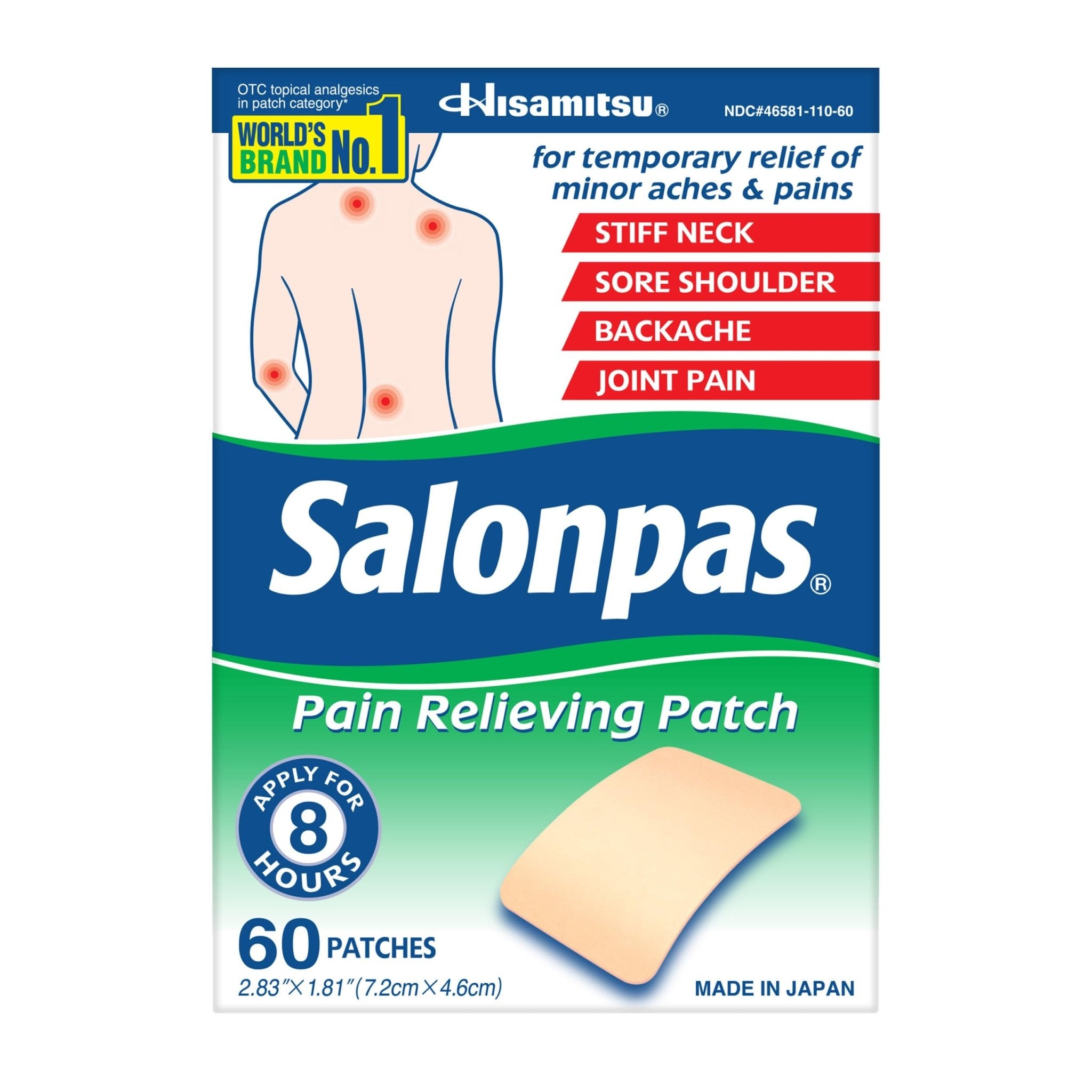 Salonpas Pain Relieving Patch for Back, Neck, Shoulder, Knee Pain and Muscle Soreness - 8 Hour Pain Relief - 60 Count - Maple Wellness Supplements