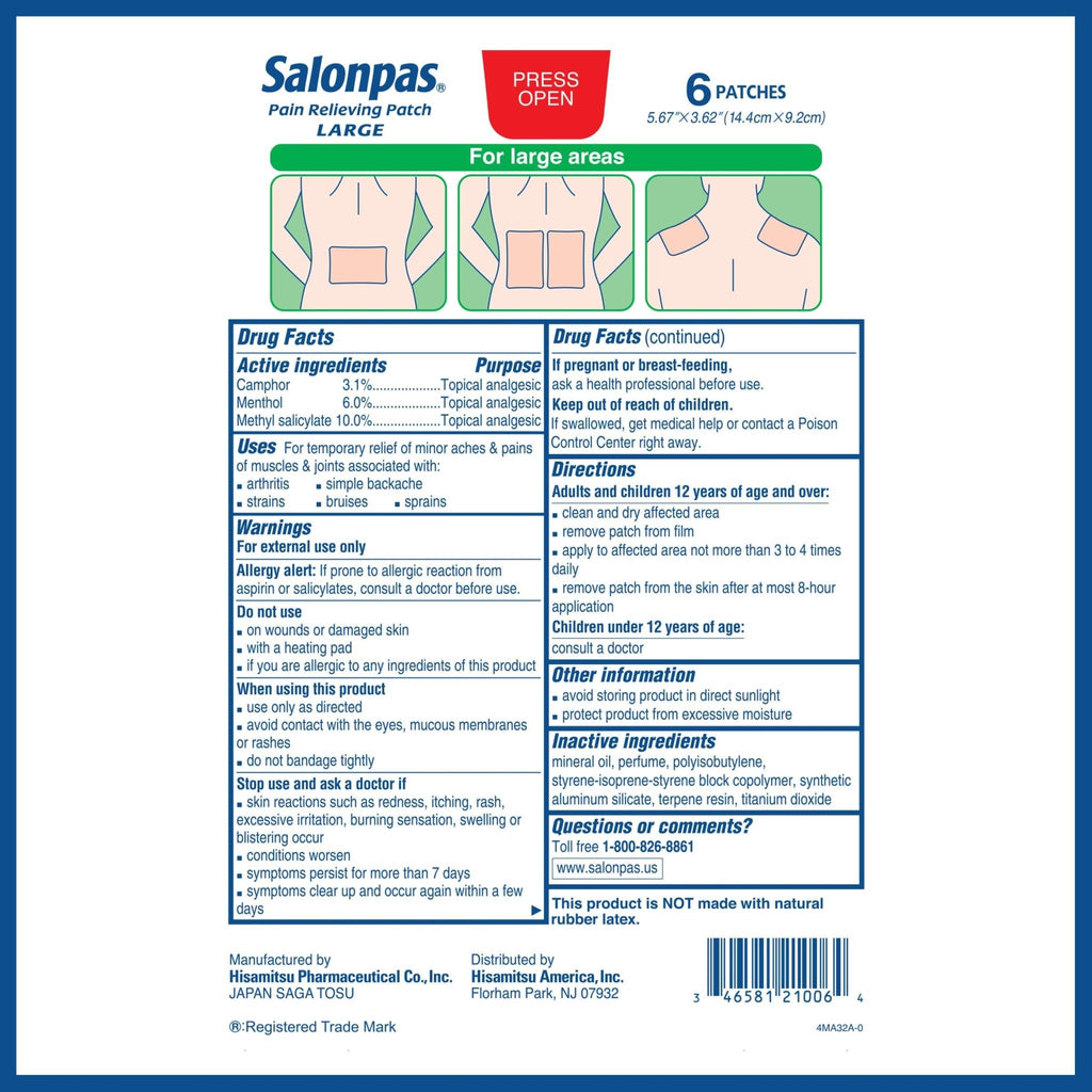 Salonpas Pain Relieving Patch, Large, 6 Count, for Back, Neck, Shoulder, Knee Pain and Muscle Soreness, 8 Hour Pain Relief - Maple Wellness Supplements