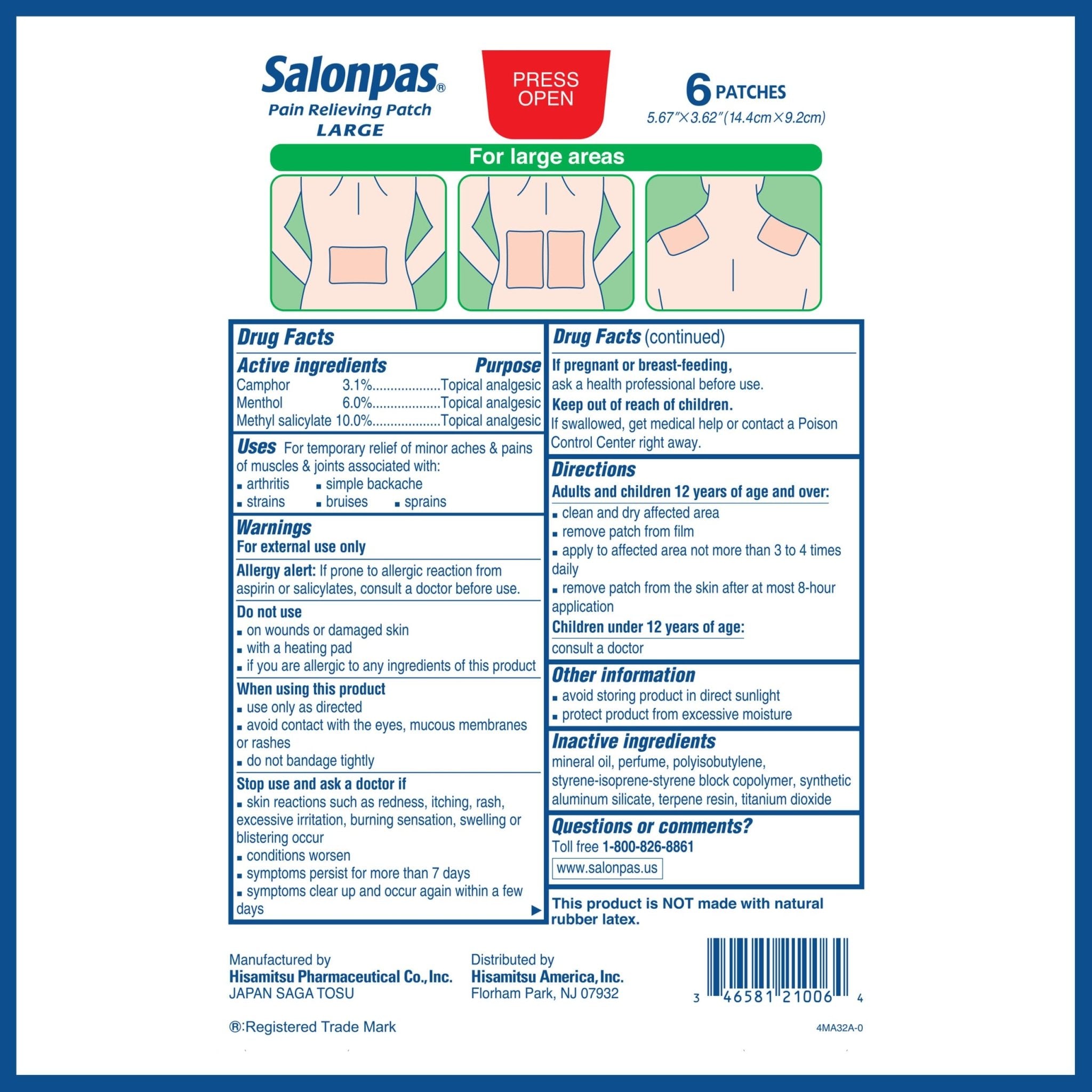 Salonpas Pain Relieving Patch, Large, 6 Count, for Back, Neck, Shoulder, Knee Pain and Muscle Soreness, 8 Hour Pain Relief - Maple Wellness Supplements