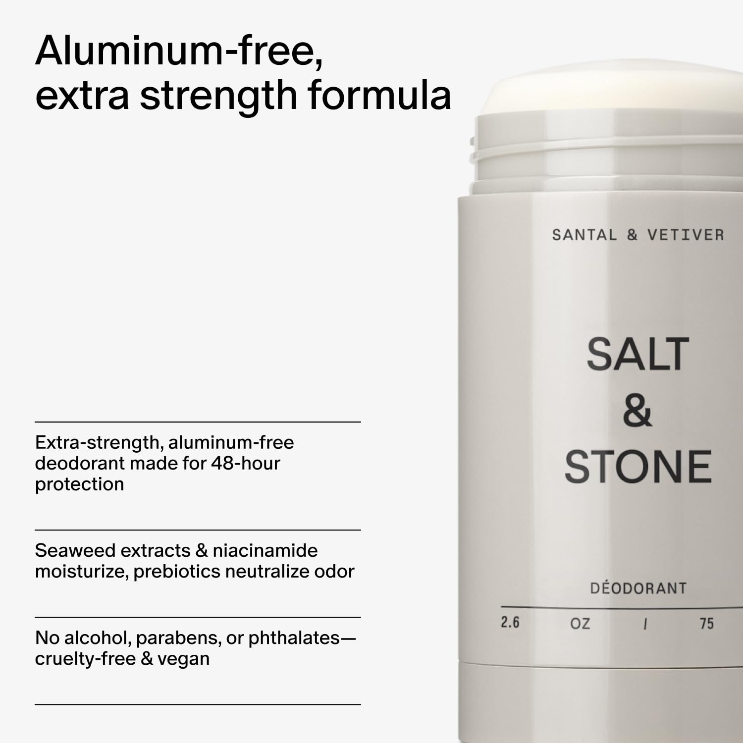 Salt & Stone Aluminum Free Deodorant | Extra Strength 48 Hour Protection for Women & Men | Made with Seaweed Extracts, Niacinamide & Prebiotics | Santal & Vetiver - TrustMedUSA
