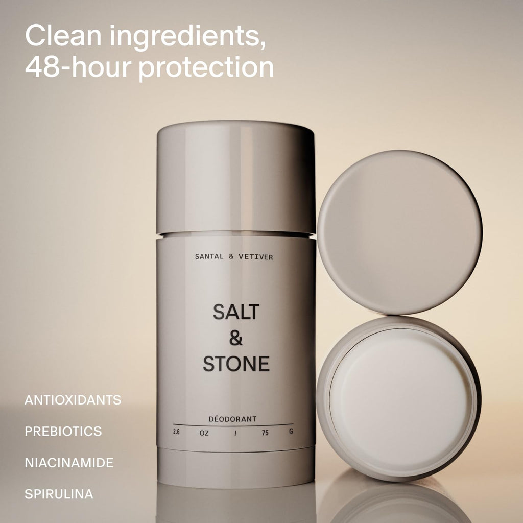 Salt & Stone Aluminum Free Deodorant | Extra Strength 48 Hour Protection for Women & Men | Made with Seaweed Extracts, Niacinamide & Prebiotics | Santal & Vetiver - TrustMedUSA