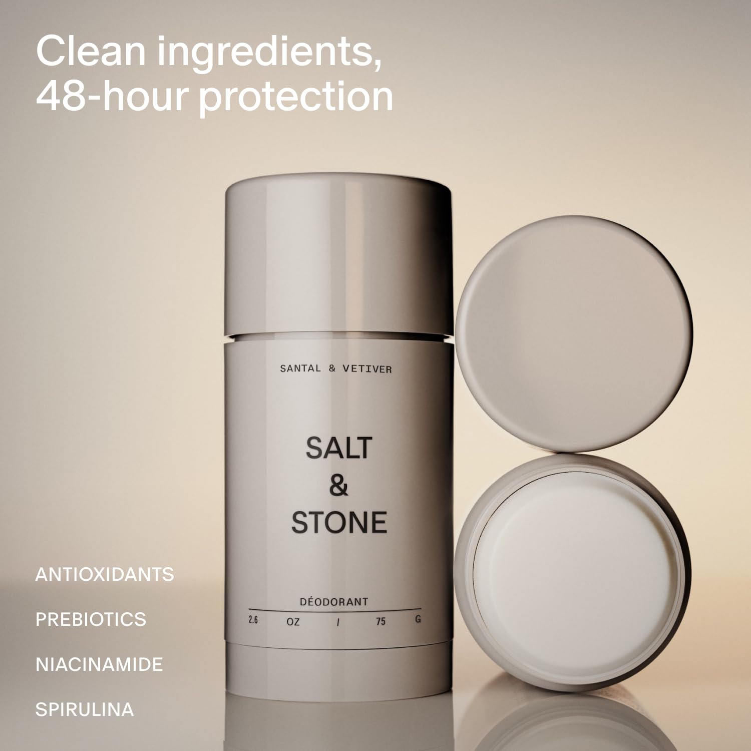 Salt & Stone Aluminum Free Deodorant | Extra Strength 48 Hour Protection for Women & Men | Made with Seaweed Extracts, Niacinamide & Prebiotics | Santal & Vetiver - TrustMedUSA