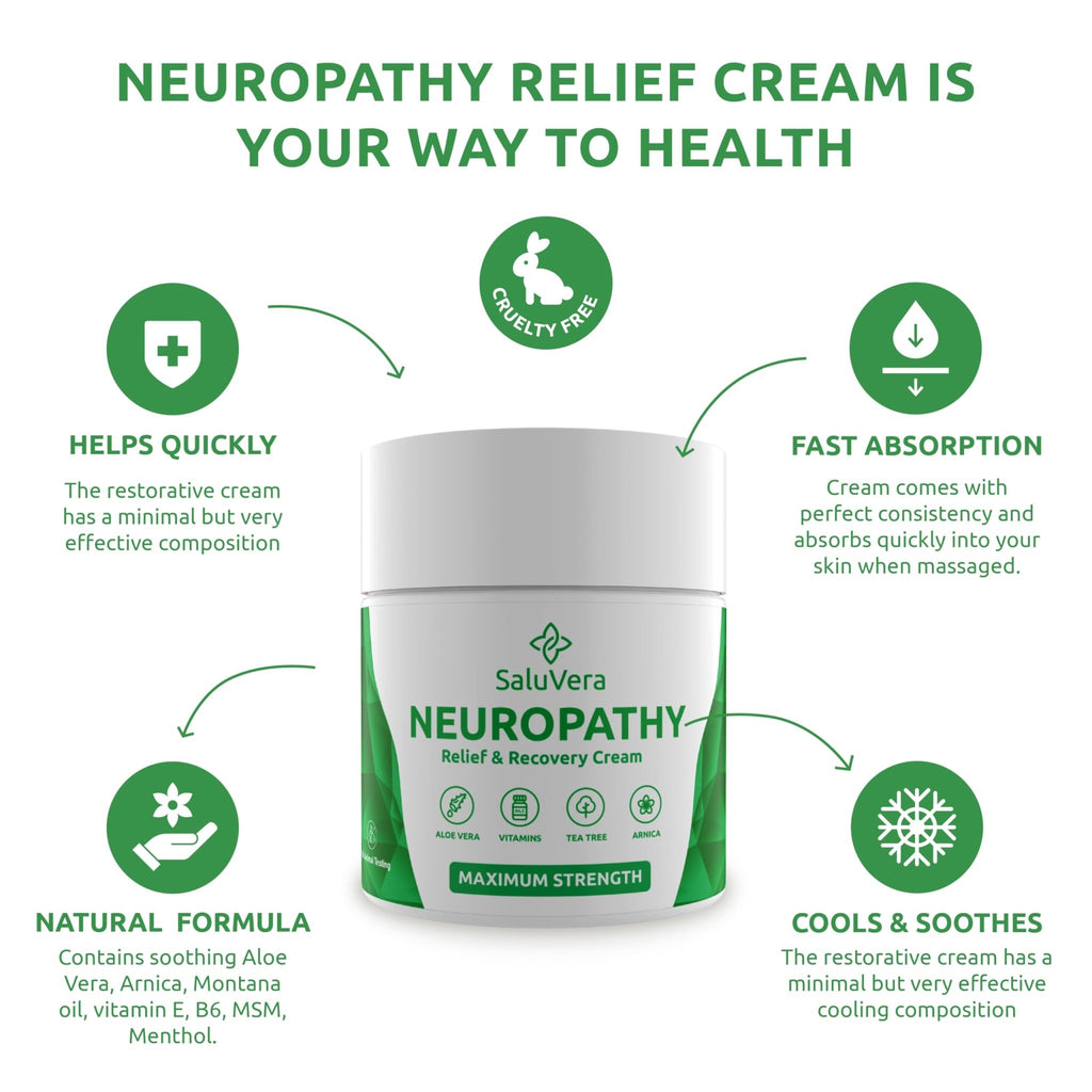 SaluVera Neuropathy Pain Relief Cream - Maximum Strength Nerve Pain Reliever for Foot, Toes, Hands, Legs with Aloe Vera, Arnica, MSM Vitamin B6, and Menthol for Fast-Acting Relief 3oz - TrustMedUSA