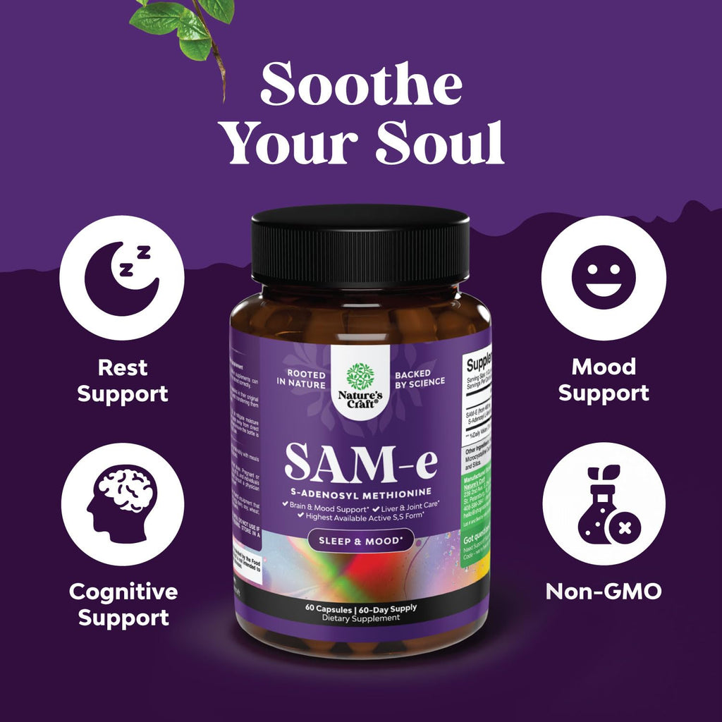 Sam-E 200mg Mood Support Supplement - S-Adenosyl Methionine Sam-E Supplement for Natural Relaxing Mood Boost Brain Support and Liver Detox Cleanse - Vegan Non-GMO and Gluten Free - 60 Count - TrustMedUSA