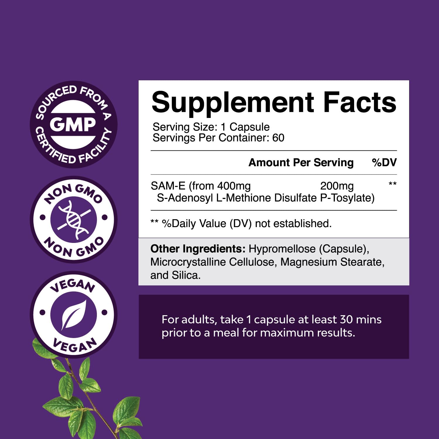 Sam-E 200mg Mood Support Supplement - S-Adenosyl Methionine Sam-E Supplement for Natural Relaxing Mood Boost Brain Support and Liver Detox Cleanse - Vegan Non-GMO and Gluten Free - 60 Count - TrustMedUSA