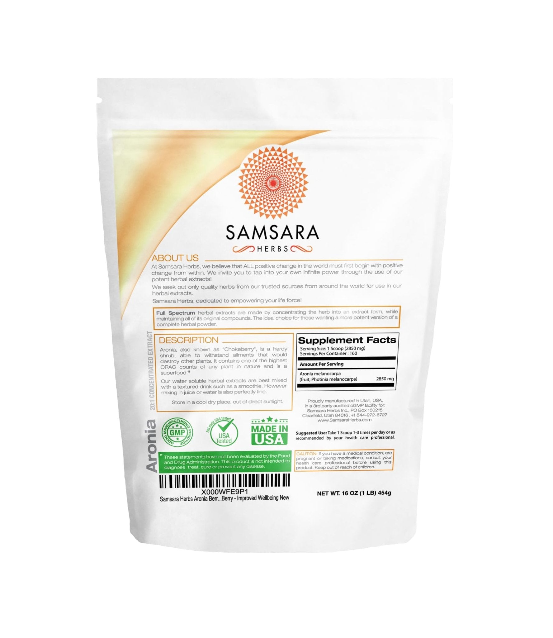 Samsara Herbs Aronia Berry 20:1 Extract Powder (16oz/454g) - Antioxidant, Flavonoids and Polyphenols Supplement - High ORAC - Native American Berry - Improved Wellbeing - TrustMedUSA