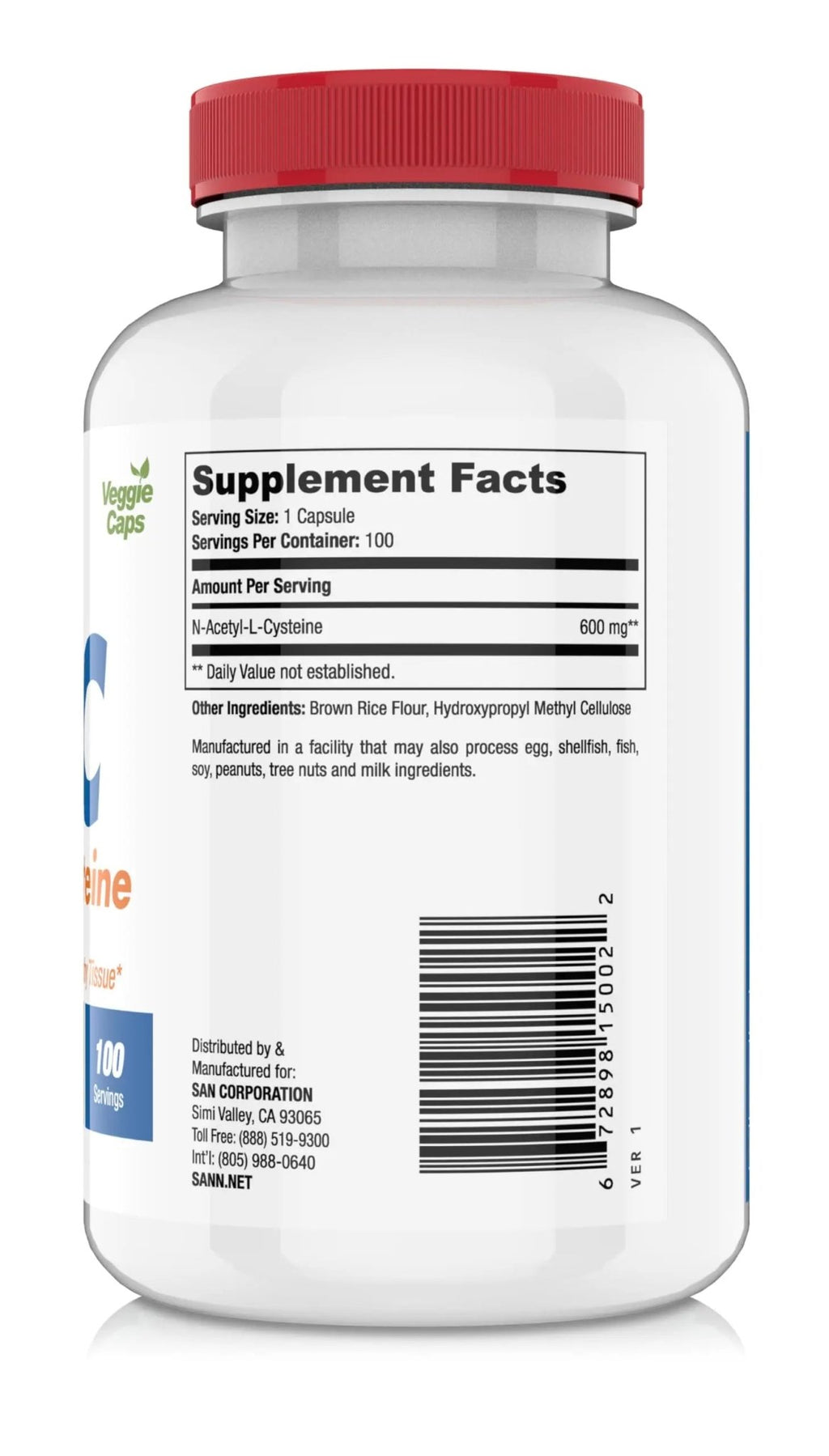 SAN N-Acetyl-L-Cysteine (NAC), Immune, Respiratory, Liver Health, NAC 600 mg, Potent antioxidant Support, Free-radicals, Easy to Absorb, 100 Capsules - TrustMedUSA