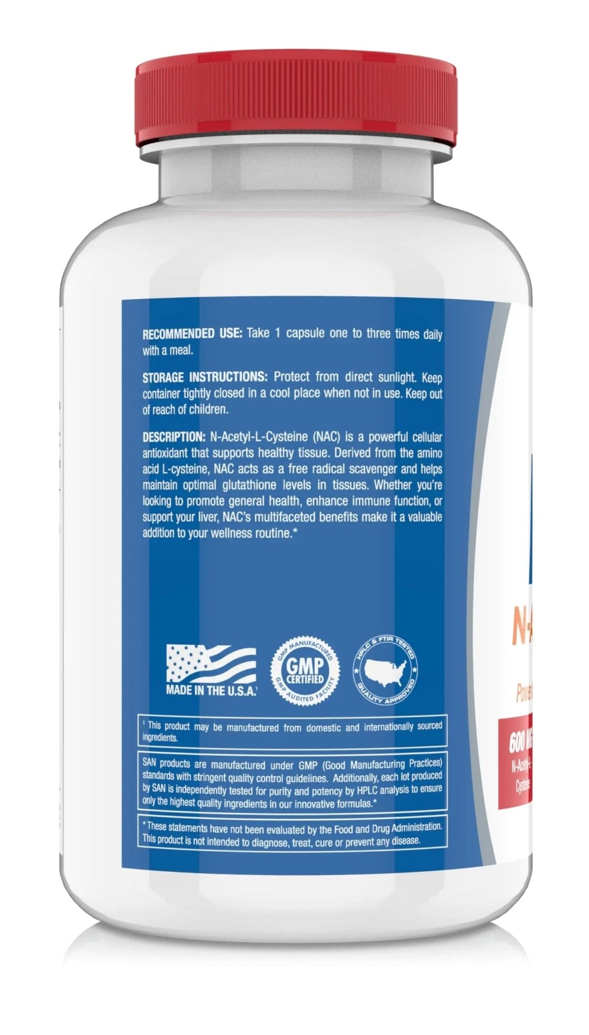 SAN N-Acetyl-L-Cysteine (NAC), Immune, Respiratory, Liver Health, NAC 600 mg, Potent antioxidant Support, Free-radicals, Easy to Absorb, 100 Capsules - TrustMedUSA