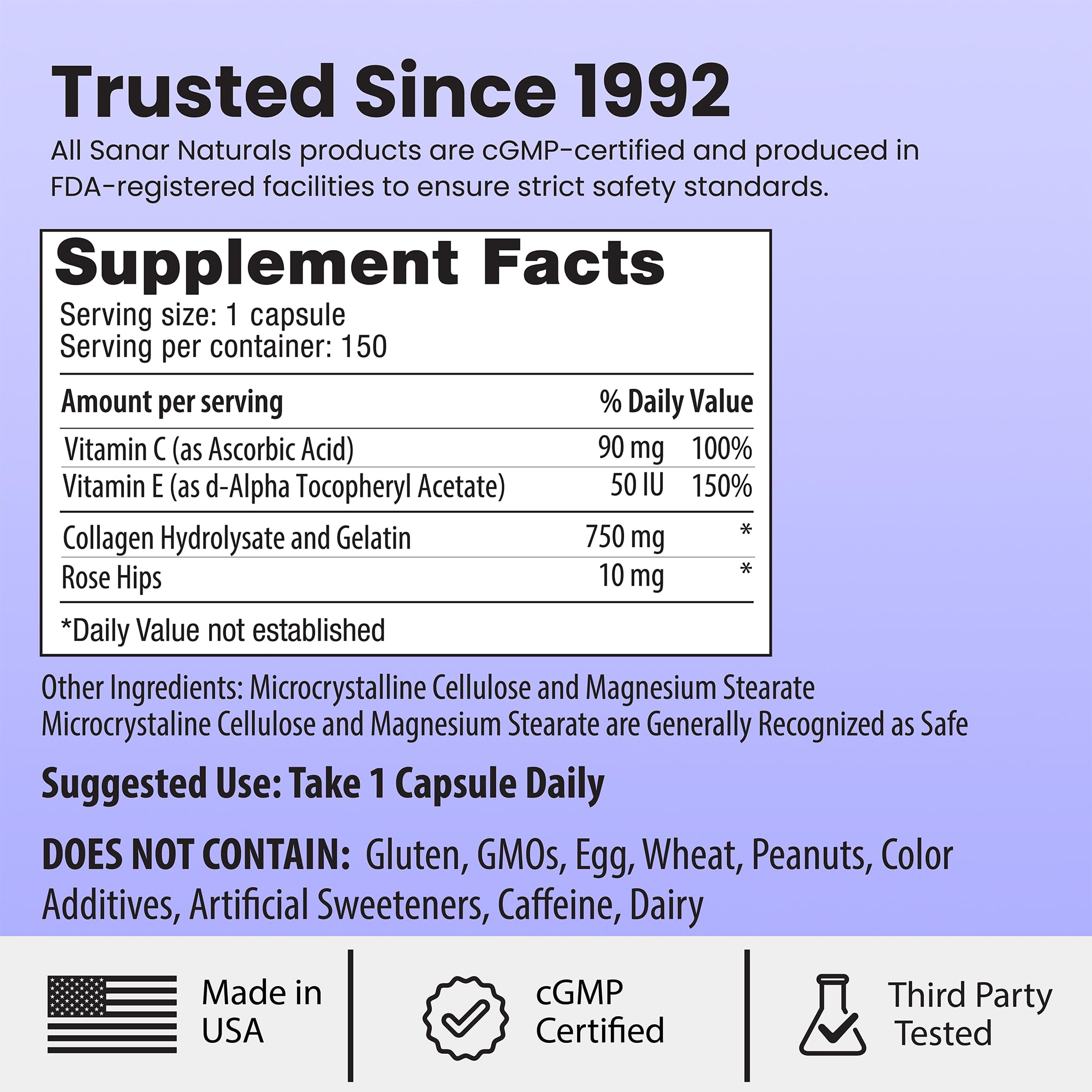 Sanar Naturals Collagen Pills, 150 Capsules | Supports Skin Elasticity, Hydration, Hair, Nails and Joints | Hydrolyzed Collagen Peptides Supplement with Vitamin C and E, Grass Fed, Non GMO - Maple Wellness Supplements