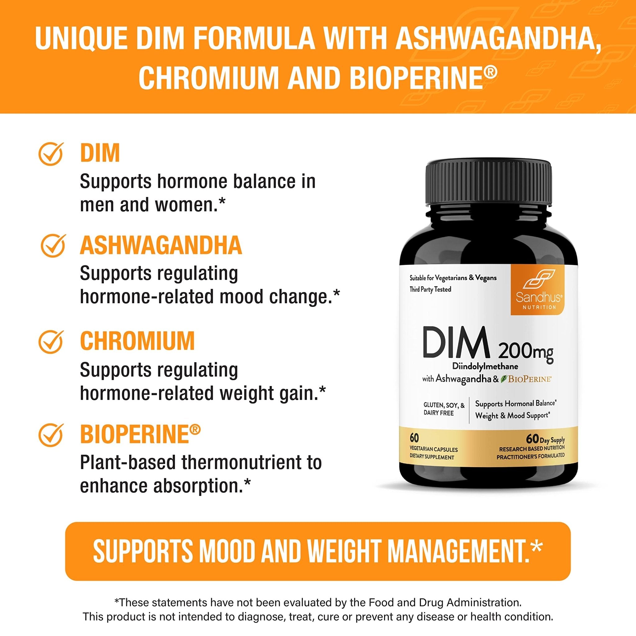 Sandhu's DIM Supplement 200 mg -60 Capsules - Diindolymethane with Ashwagandha & Bioperine Hormone Balance for Women & Men, Hormonal Acne Supplements - TrustMedUSA